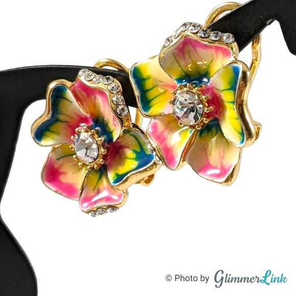 Bright Rainbow Enamel Hibiscus Gold Tone Lever Back Pierced Earrings - Picture 2 of 13